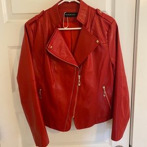 Red faux-leather moto jacket with gold details L